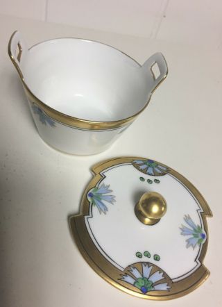 Vintage Art Deco WA Pickard gold hand - painted sugar/preserves bowl,  lid,  saucer 4