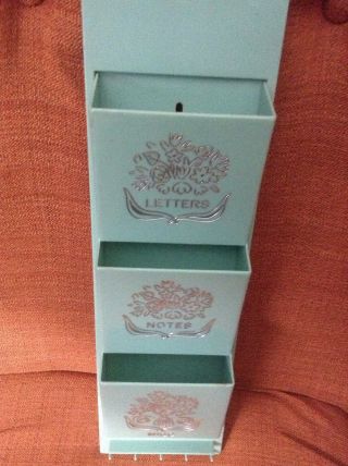 Vintage Teal Aqua Wall Mount Letter Holder Bill Organizer With Key Pegs 1960 