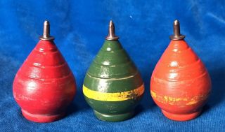 3 Old Style Vintage Wooden Classic Toy Spinning Tops Red Green & Orange