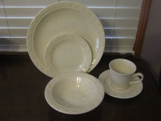Vintage Homer Laughlin Sheffield Granada White Speckled 5 Pc Place Setting Euc