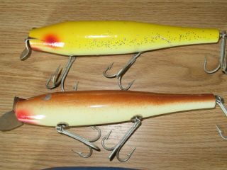 6 Vtg Saltwater Fishing Lure’s Gibbs Atom Creek Chub Old Time Wooden Swimmers 2