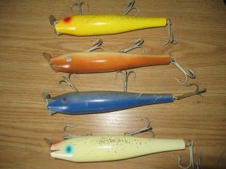 6 Vtg Saltwater Fishing Lure’s Gibbs Atom Creek Chub Old Time Wooden Swimmers 4