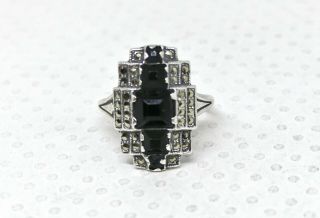 Sterling Silver Vintage Ring Art Deco Style Marcasite & Black French Jet Uncas