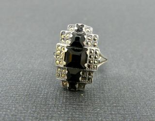 Sterling Silver Vintage Ring Art Deco Style Marcasite & Black French Jet UNCAS 3