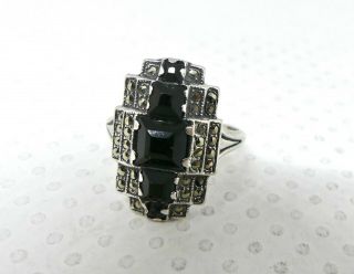 Sterling Silver Vintage Ring Art Deco Style Marcasite & Black French Jet UNCAS 5