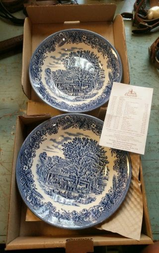 Vintage Set Currier & Ives Blue & White 7.  75 " Soup Bowls Churchill England