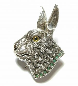 Stunning Vintage Or Modern Silver Hare Brooch / Pendant Set With Emeralds
