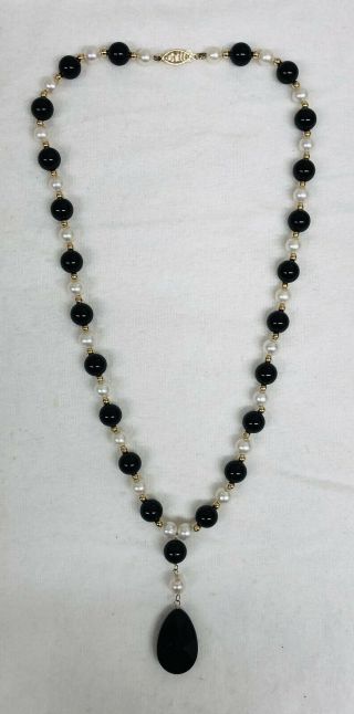 Vintage 14k Gold Onyx Pearl Bead Necklace 18” Long