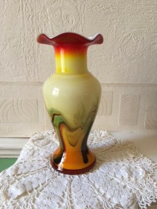 Vintage Art Glass Vase Murano " Style " Milk Interior Multi Striped Colourful