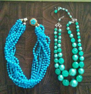 2 Vintage Green And Blue Plastic Necklaces One From Hong Kong.