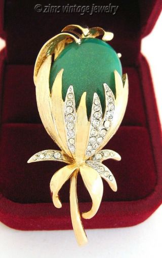 Vintage Old Modernist Jade Green Glass Gold Rhinestone Flower Floral Pin Brooch