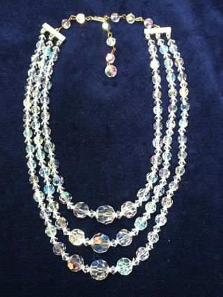 Vintage 3 Row Aurora Borealis Crystal Bead Necklace 1960s Adjustable Length