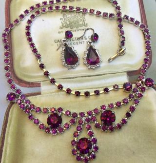 Vintage Jewellery 1950’s Matching Amethyst Crystal Teardrop Earrings Necklace