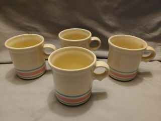 Vintage Set Of 4 Mccoy Pottery Pink & Blue Stripe Cups Mugs Usa 1412