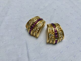 Signed Christian Dior Clip On Earrings Gold Tone Swar Rhinestones Vintage