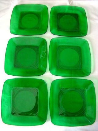 6 Vintage Emerald Forest Green Glass Sq.  Luncheon Plates,  Anchor Hocking Charm