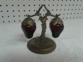 Vintage Strawberry Glass Salt & Pepper Shakers With Tree Holder