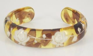 Vintage Back Carved Flower Lucite Cuff Bracelet