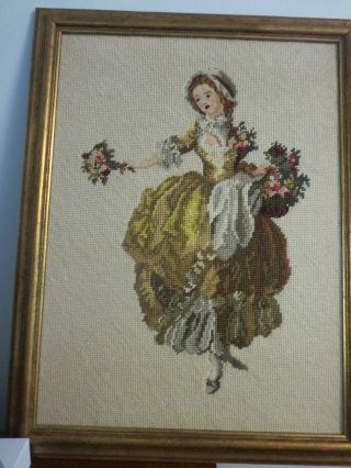 Vintage Needlepoint Victorian Lady With Flowers In Frame 17 X 22 "