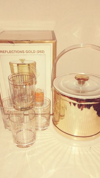 Vtg Culver Ice Bucket W/ 4 Old Fashioned Glasses Reflections (262) 22k Gold