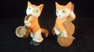 Pair Vintage German Bisque Cats In A Band Cake Toppers Sax & Bass C1930 