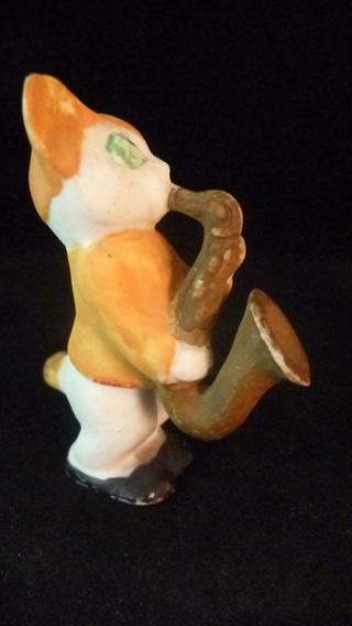 PAIR VINTAGE GERMAN BISQUE CATS IN A BAND CAKE TOPPERS SAX & BASS c1930 ' s 3