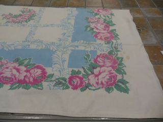 Vintage Mid - Century Tablecloth 44 X 53 Pink And Blue Floral,  Cotton Trellis