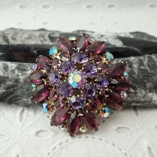 Vtg Juliana Gold Tone Open Back Purple Ab Rhinestone Flower Cluster Pin Brooch