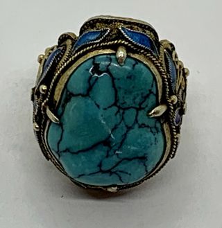 Vintage Chinese Sterling Turquoise Enamel Filigree Ring - 7 3/4