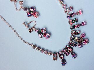 Vintage Art Deco Iris Glass Rainbow Necklace Screw On Earings