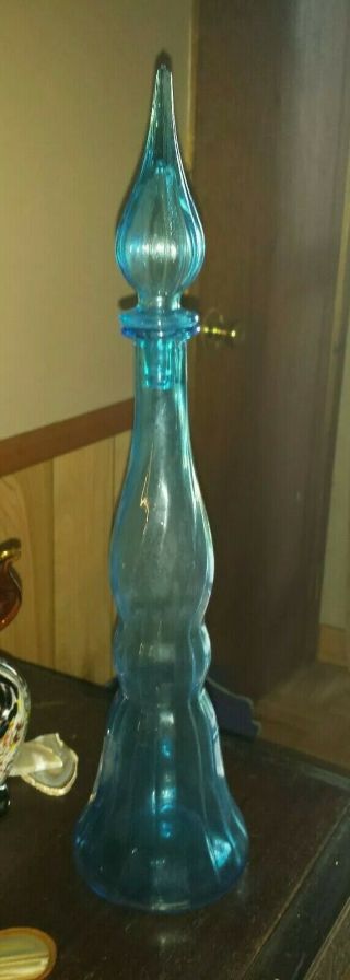 Vintage 19 " Tall Blue Art Glass Genie Bottle Decanter With Flame Stopper Ec