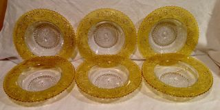 Vintage Set Of 6 Duncan Miller Sandwitch Glass Bowls W/yellow Rims