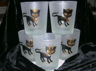 Vtg.  Libbey Mid - Century Modern Frosted Black Cat Drinking Glasses Set Of 5