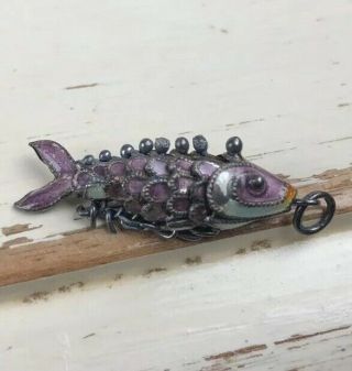 Small Articulated Enamel Purple Fish Charm Pendant Vintage Metal