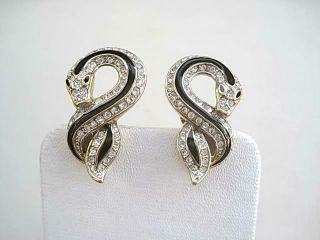 Chunky Vintage Signed A & S Clear Diamante & Black Enamel Snake Clip Earrings