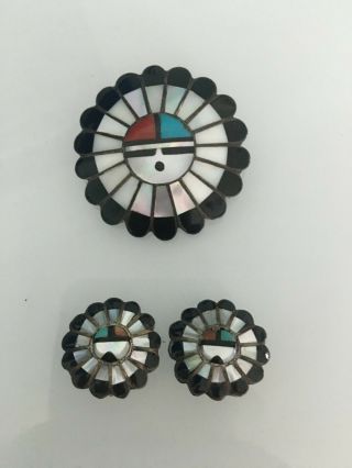 Handmade Vintage Zuni Sunface Sterling Pendant/pin,  Earring Set