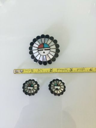 Handmade VINTAGE Zuni Sunface Sterling Pendant/Pin,  Earring SET 2