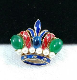 Vintage Trifari Crown Jewel Glass Cabochon Enamel Pearl Fleur Brooch Pin