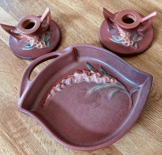 Vintage Roseville Art Pottery Usa Foxglove Pink Bowl & Candlesticks 1149 - 1 1/2 "