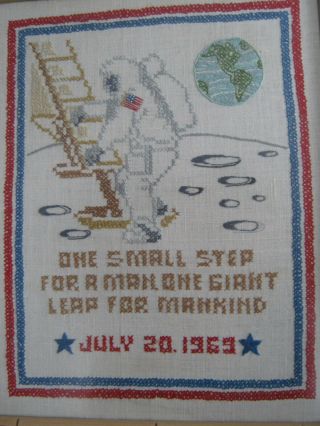 Vtg Handmade Embrodiered 1st Man On Moon1969 Picture Earth Background Framed