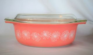Vintage Pyrex Pink Daisy Oval Casserole Dish 1.  5 Qt w/ LID 043 2
