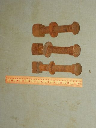 Vintage Oval Head Railroad Track Bolts W/ Washers & Nuts.  Set Of 3 -