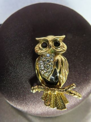 Vintage Swarovski Crystal & Gold Owl Brooch Swan Signed 1 5/8 "