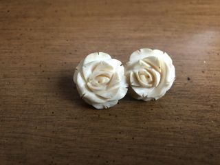 Rose Carved Floral Vintage Celluloid Screw Back Screw On Earrings