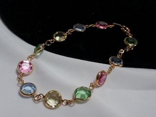 Vintage Gold Auth Swan Swarovski Crystal Bezel Pink Blue Green Petite Bracelet