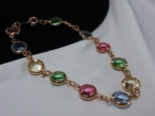 Vintage Gold Auth Swan Swarovski Crystal Bezel Pink Blue Green Petite Bracelet 2