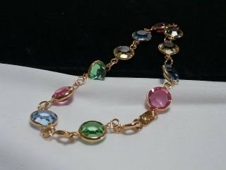 Vintage Gold Auth Swan Swarovski Crystal Bezel Pink Blue Green Petite Bracelet 3