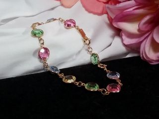 Vintage Gold Auth Swan Swarovski Crystal Bezel Pink Blue Green Petite Bracelet 6