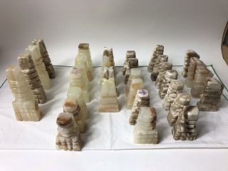 Vintage Chess Set Mexican Aztec Mayan Marble Stone Quartz Hand Carved 32 Piece