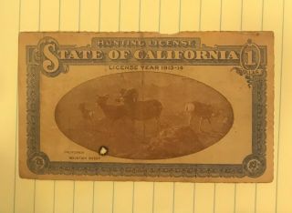 Vintage 1913 - 1914 California Hunting License